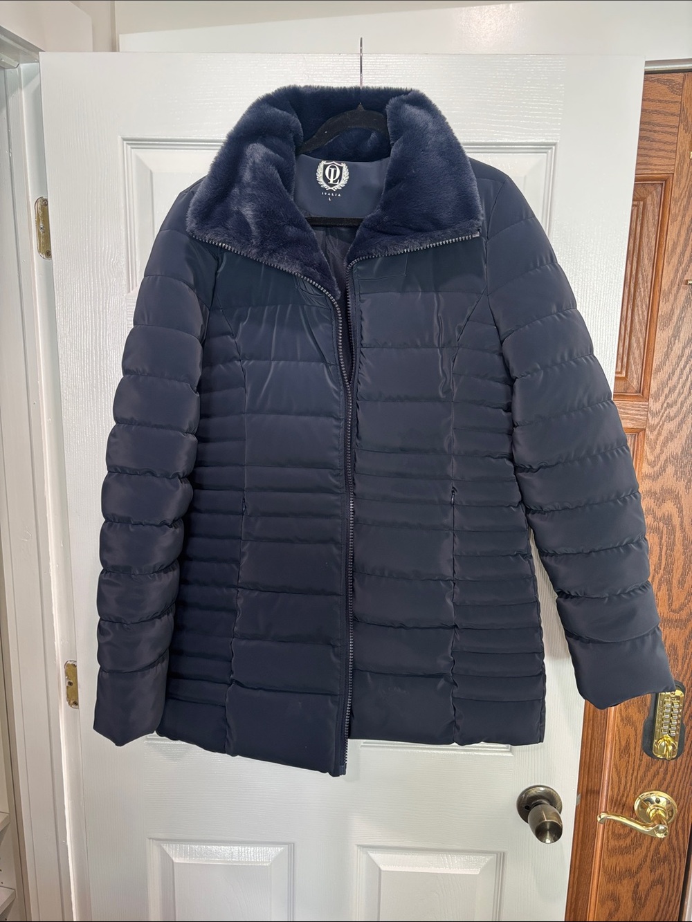 OL Italia Navy Blue Puffer Coat Faux Fur Collar Size Large